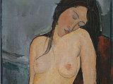 Courtauld 10 Amedeo Modigliani - Female Nude 10. Amedeo Modigliani - Female nude. 1916, 92cm x 60cm. Modigliani�s nudes were shocking in their time because they are close-up in the viewers face and are about naked women and nothing more The sleepy nude painting exhibits the preciseness of the sloping torso - the rising of the shoulder to support the blushing cheek and long chin of the drooping head; the thickness of the haunch and thigh which softly take the weight of the oblique posture, upright but half-asleep..